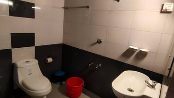 Shower, towels, soap, toilet paper