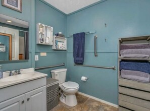 Hair dryer, towels, soap, shampoo