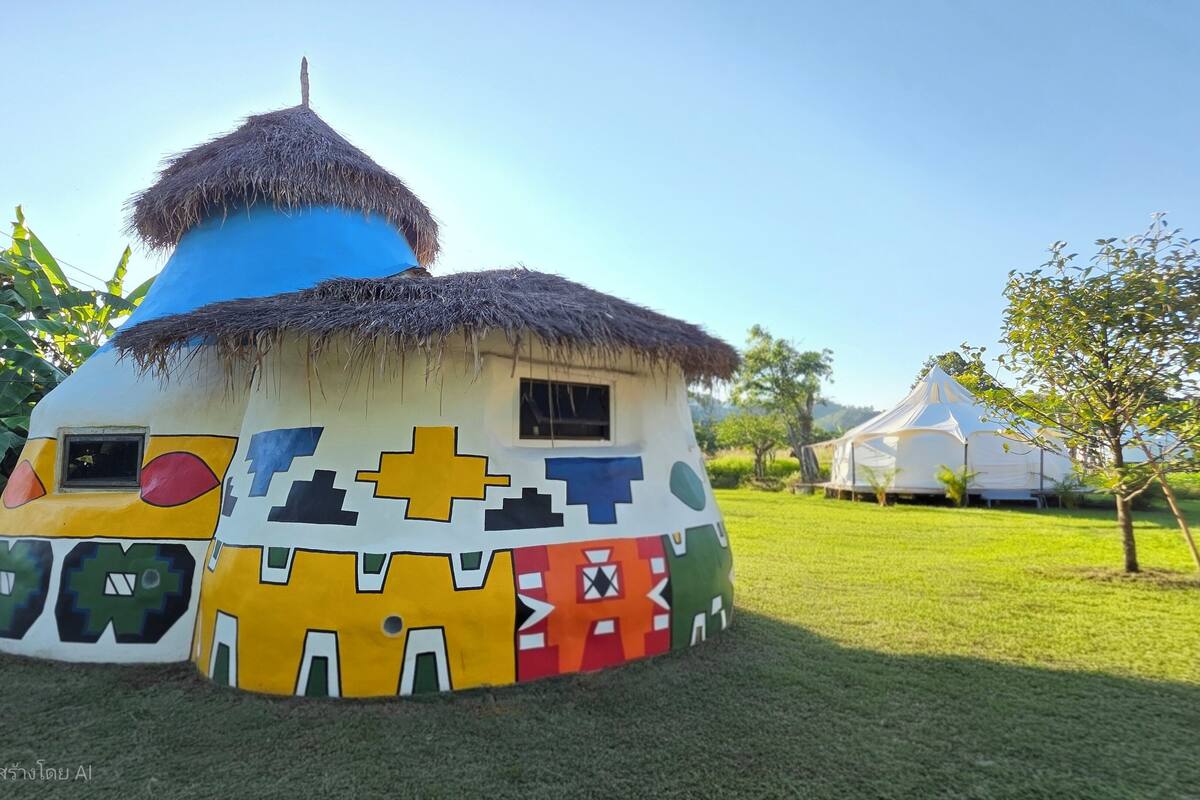 A colorful, thatched-roof structure with geometric patterns, surrounded by greenery and another white tent in the background.