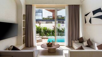 Deluxe Villa, 2 Bedrooms, Private Pool, Pool View | Living area | 32-inch Smart TV with digital channels