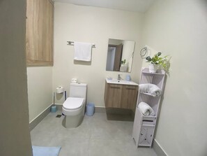Een badkamer met toilet, wastafel, spiegel, handdoekhouder en een kleine plant.