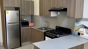 A modern kitchen with wooden cabinets, a stainless steel refrigerator, a black stove, and a white countertop. - OCEAN AND BEACH VIEW ROOFTOP (Boca Chica)