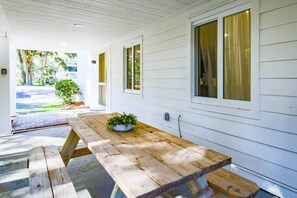 Outdoor dining - One Block Walk to Beach - Get Your Toes in the Sand in Minutes!  Covered Deck, Garden Views & Fun (Folly Beach)