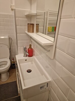 Secadora de cabello, toallas, jabón, papel de baño 
