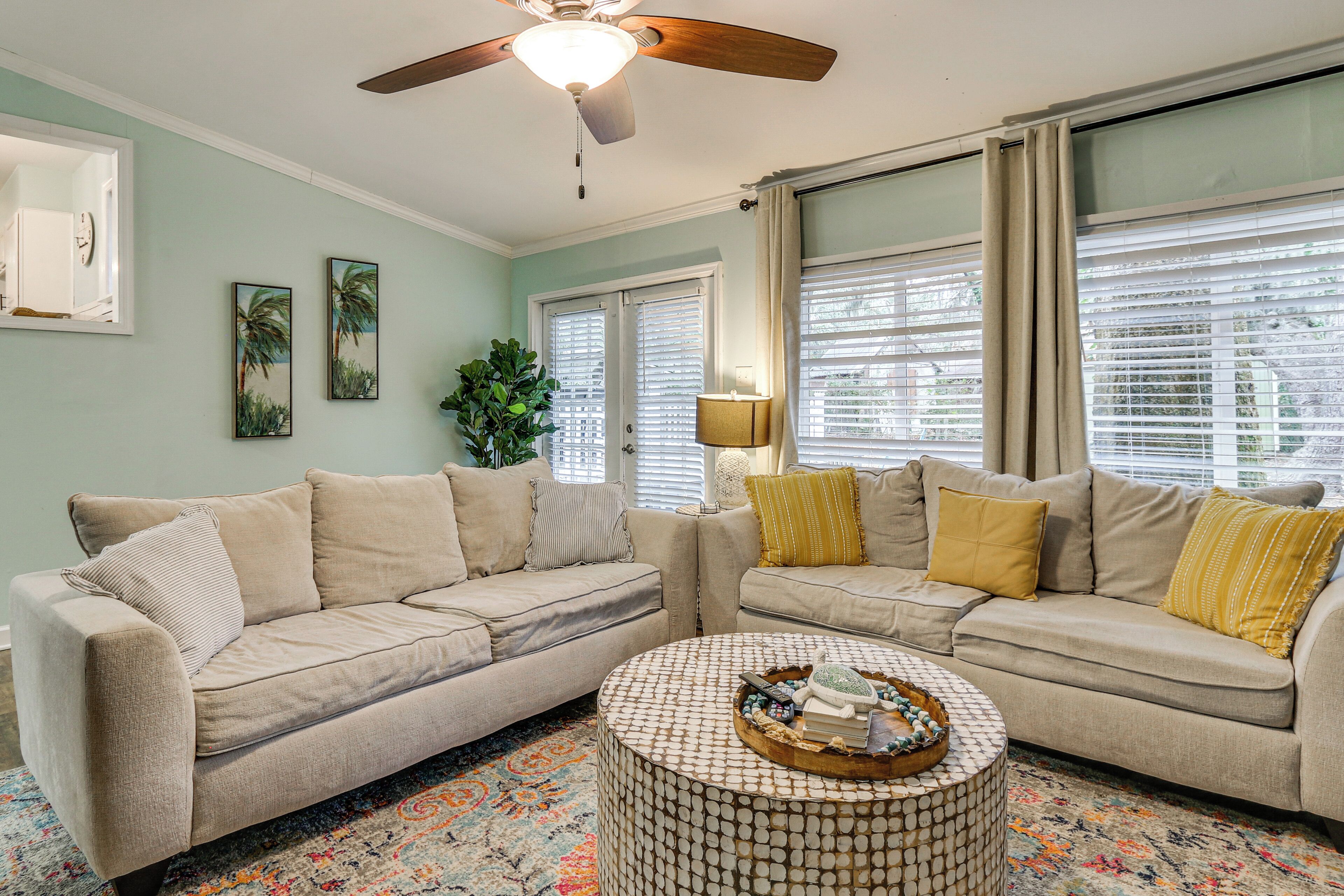 TV, fireplace, books