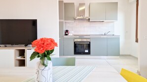 A modern kitchen with grey cabinets, a built-in oven, and a flat-screen TV. - Porta A Mare Home Apartment with Air Conditioning (Portoferraio)