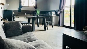Un salon moderne avec un canapé gris, une table à manger et un coin cuisine avec une fenêtre.