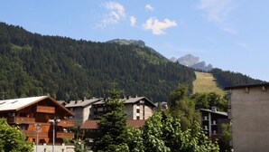 A mountain village with traditional wooden houses, a clear sky, and a forested hill in the background. - Duplex in Les Carroz (Araches-la-Frasse)