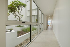 A modern hallway with glass walls, white walls, and a plant. - Kailani 102: Luxury 3 Bed Waterfront Apartment (Batemans Bay)