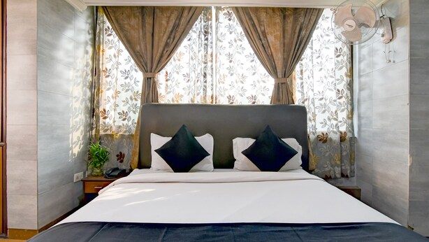 Una camera da letto con un letto, tende, un ventilatore e una pianta.