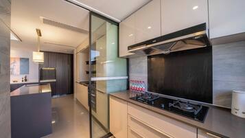 Superior Apartment, 3 Bedrooms, Balcony, City View | Private kitchen | Fridge, microwave, stovetop, cookware/dishes/utensils