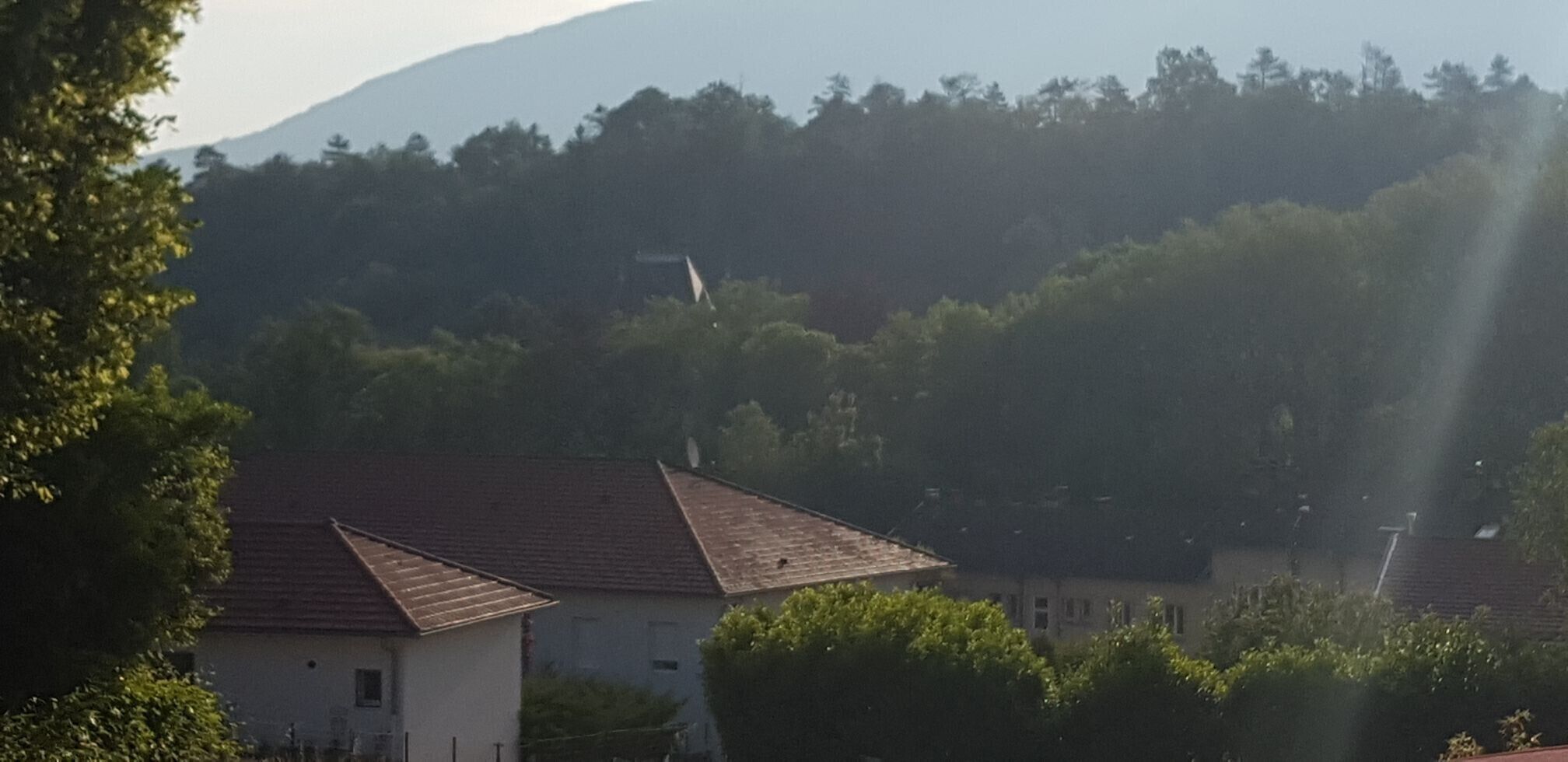 Un barrio residencial con casas, una montaña al fondo y árboles.