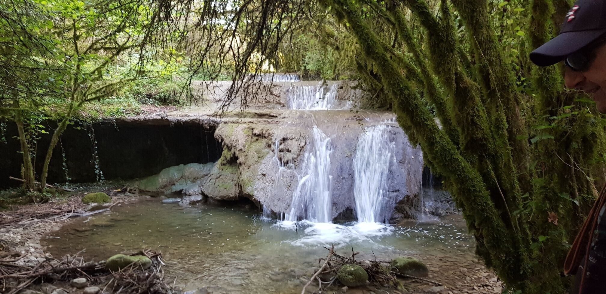 A natural waterfall in a forested area with moss-covered rocks and a stream.