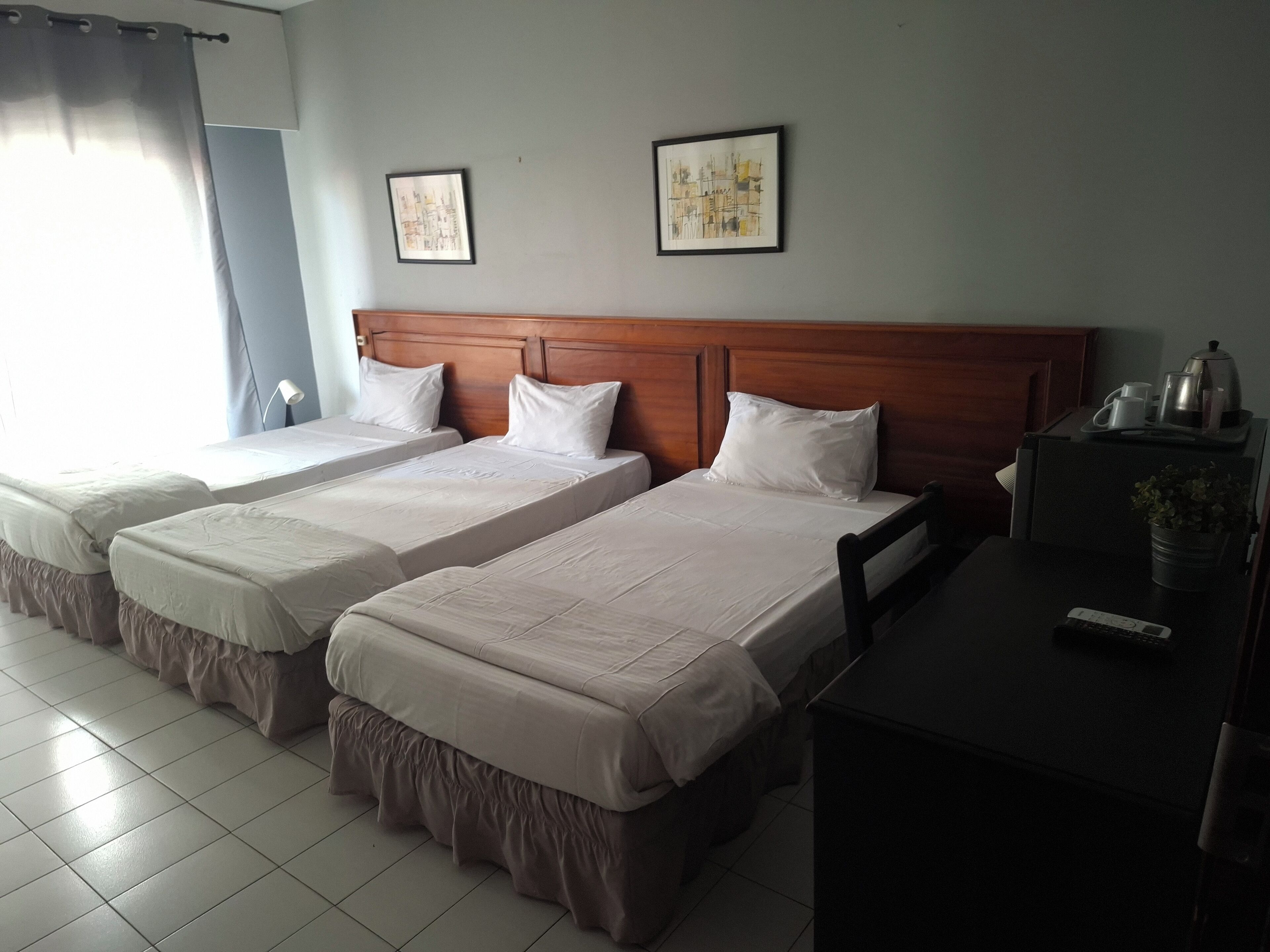 A hotel room with two single beds, a wooden headboard, a desk with a kettle, and a potted plant.