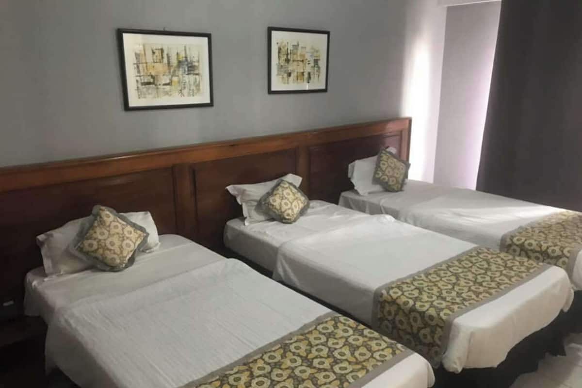 Une chambre d’hôtel avec trois lits simples, chacun agrémenté d’une couvre-lit à motifs et de coussins assortis. Deux œuvres d’art encadrées sont accrochées au mur au-dessus des lits.