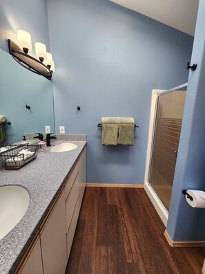 Hair dryer, towels, soap, toilet paper