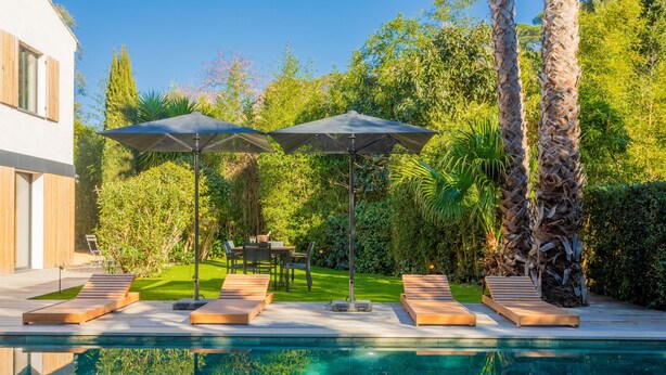 A swimming pool with lounge chairs and umbrellas, surrounded by lush greenery and a modern house.