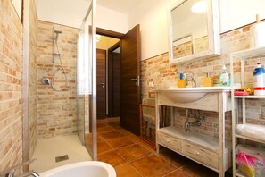 Shower, hair dryer, bidet, towels