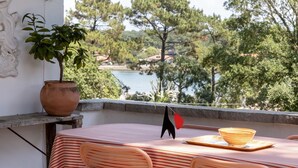 Eine Terrasse mit Tisch und Stühlen, einem Blumentopf und Blick auf einen See und Bäume.