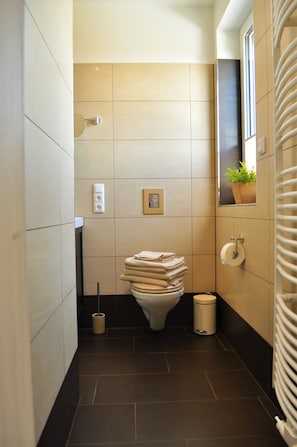 Dusche, Haartrockner, Handtücher, Toilettenpapier