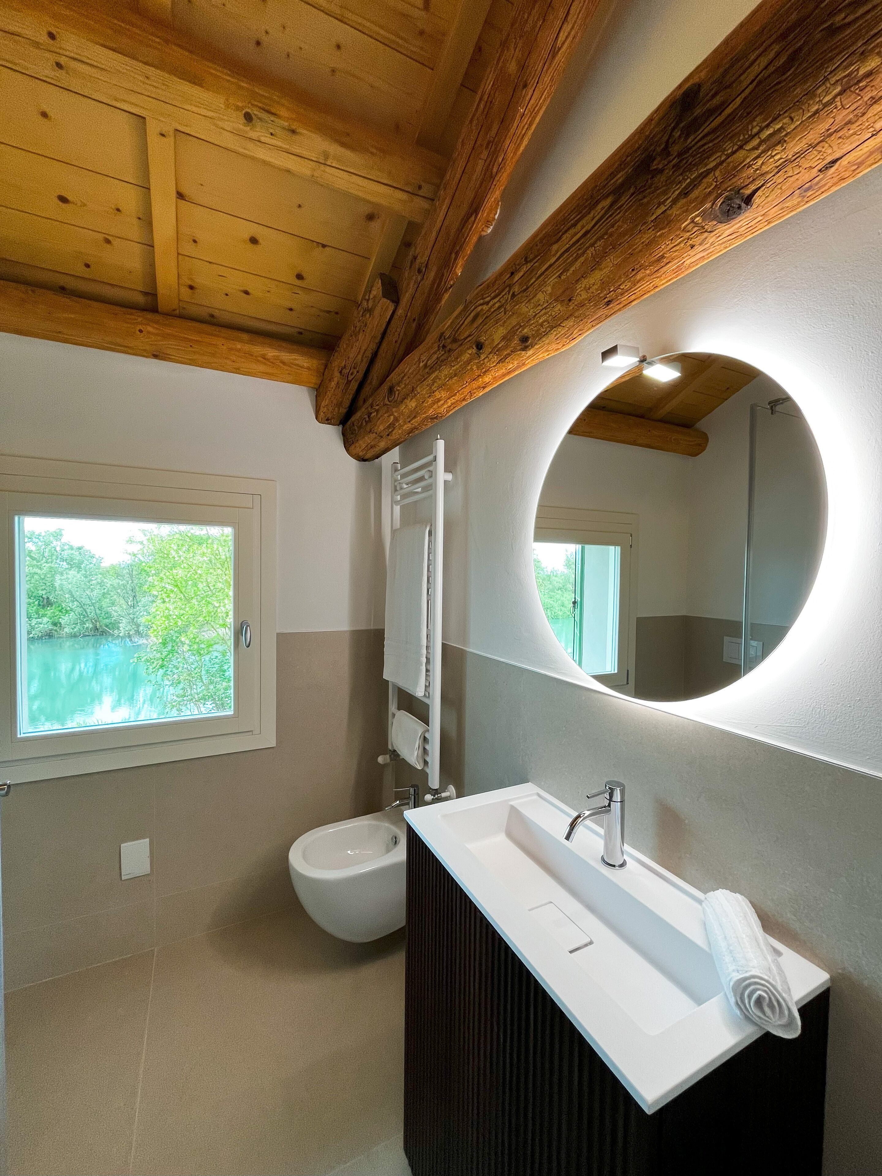 Shower, hair dryer, bidet, towels