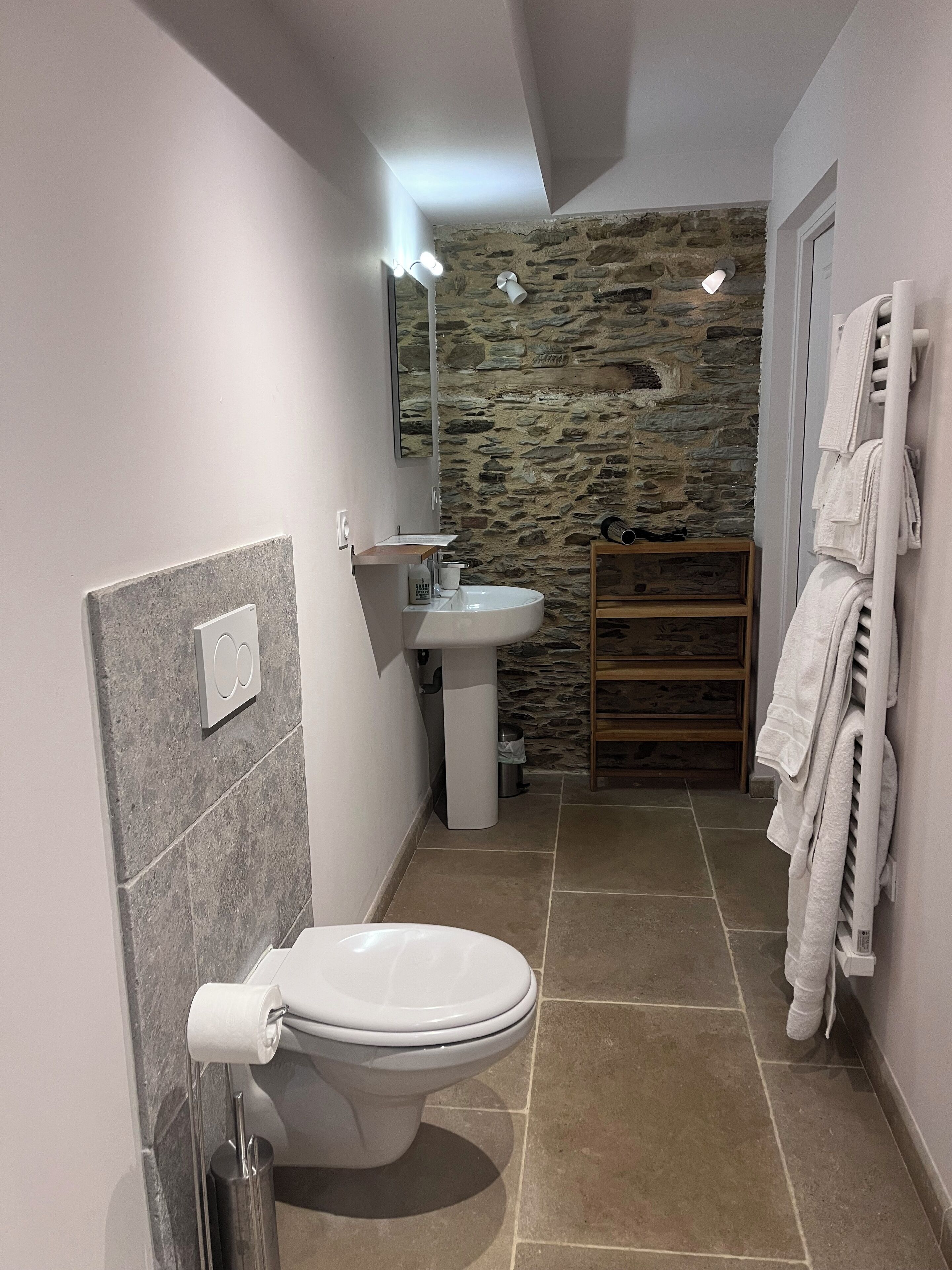 Une salle de bain moderne avec un mur en pierre, un lavabo blanc et des toilettes.