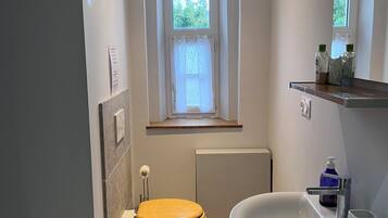 A bathroom with a toilet, sink, and window.