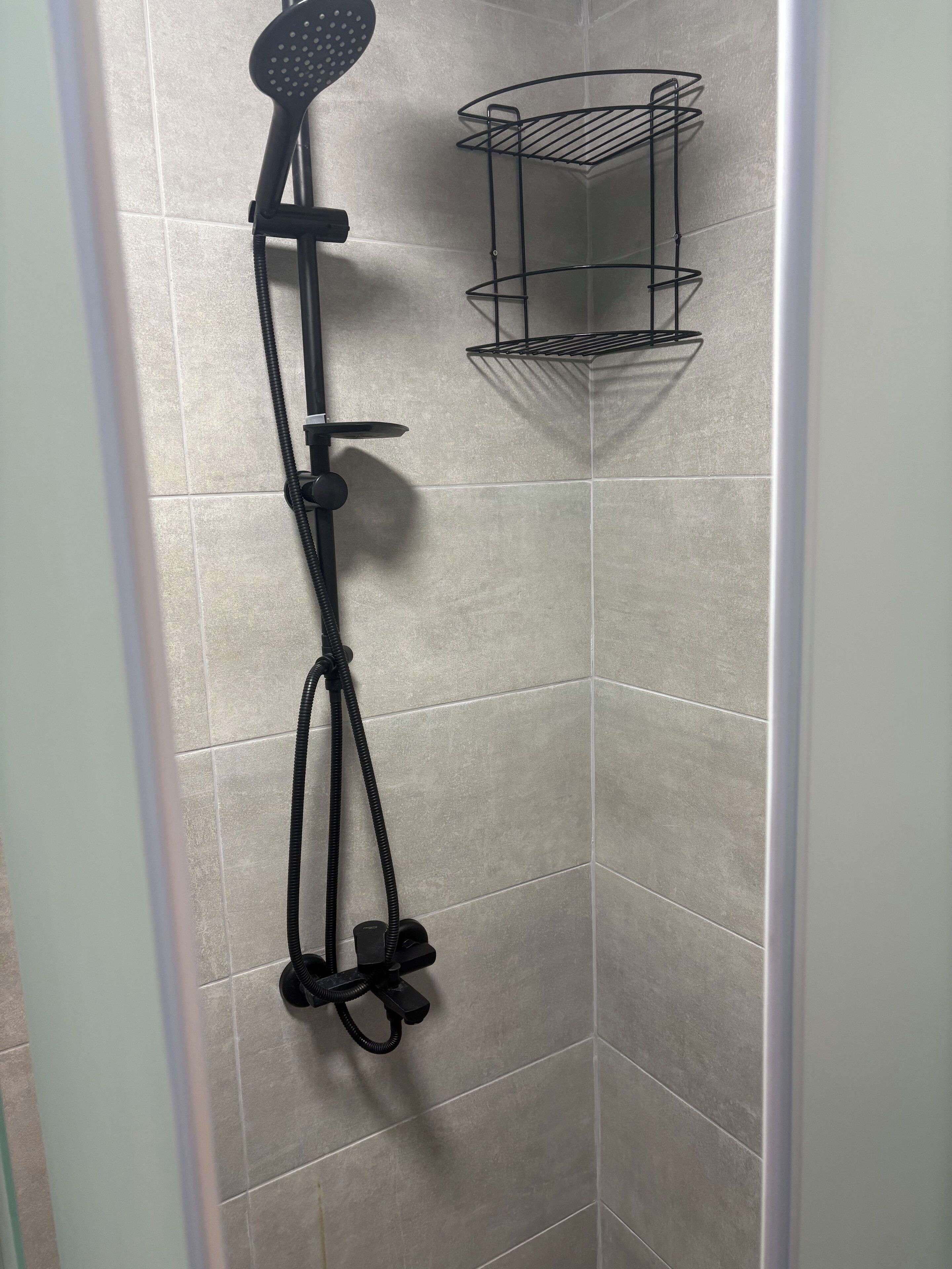 A shower with a handheld showerhead and a wall-mounted shelf.