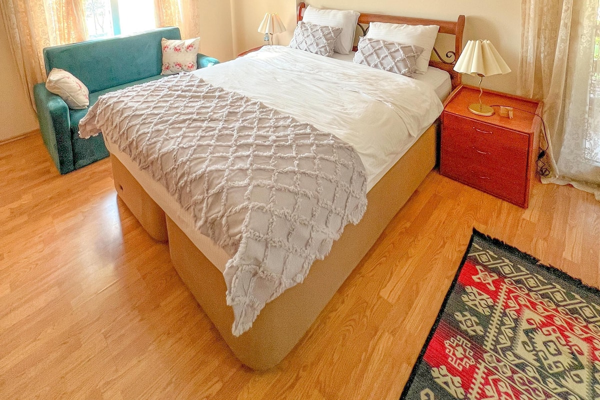 Huone, näköala puutarhaan | Tallelokero huoneessa, työpöytä, ilmainen Wi-Fi, vuodevaatteet