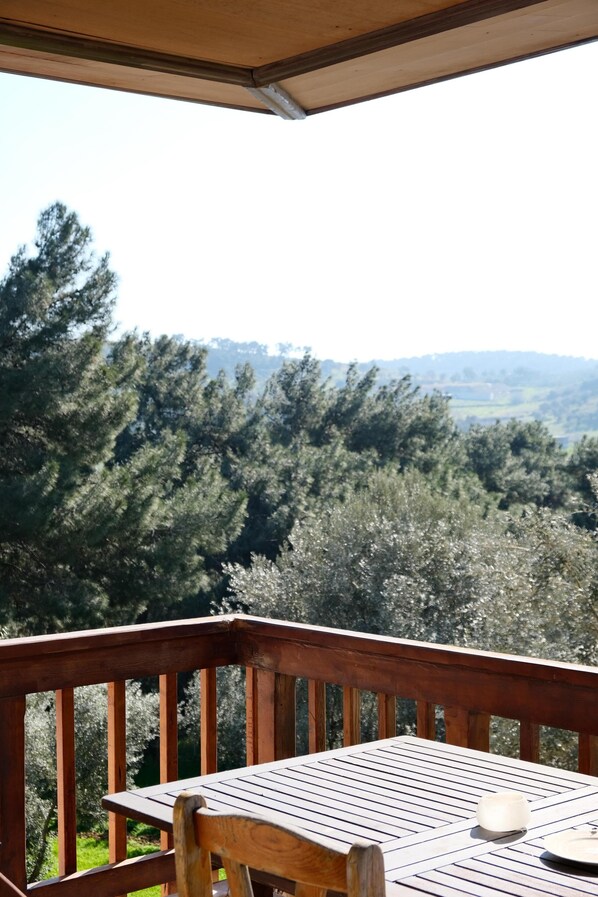 A wooden deck with a table and chairs, overlooking a forested landscape.
