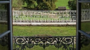 A view from a window with ornate iron railings, overlooking a grassy field with trees and a clear sky. - domaine de Drémont (Anthien)