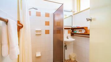 A bathroom with a shower, a sink, and a mirror.