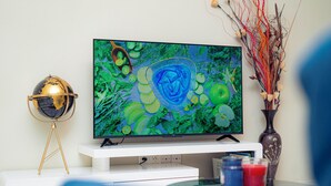 Un téléviseur à écran plat posé sur un meuble blanc, un globe terrestre et un vase décoré de branches.