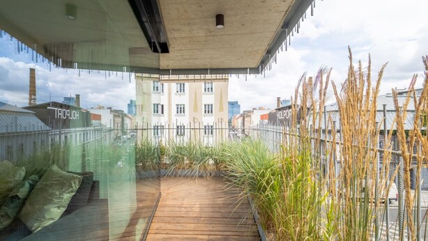 Une terrasse sur le toit, dotée d’une plateforme en bois, d’un espace salon et de hautes herbes.