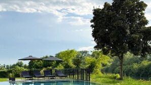A swimming pool with lounge chairs and a pergola, surrounded by lush greenery and a large tree.