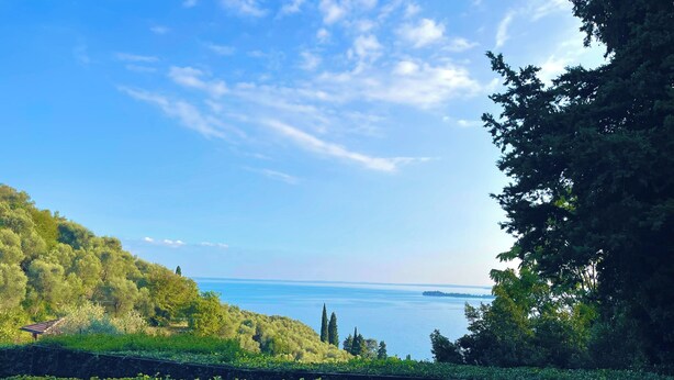 A swimming pool with a view of a lake and hills. - D1MORA Castello: a PET FRIENDLY corner of peace with shared pool (Gardone Riviera)