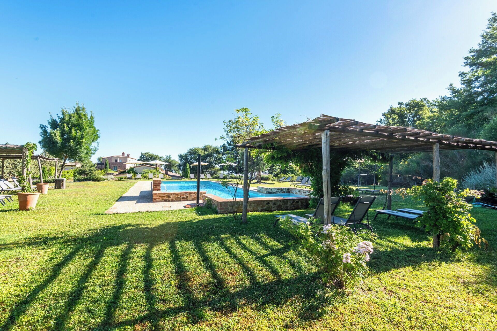 A backyard with a swimming pool, a pergola, and a grassy lawn.