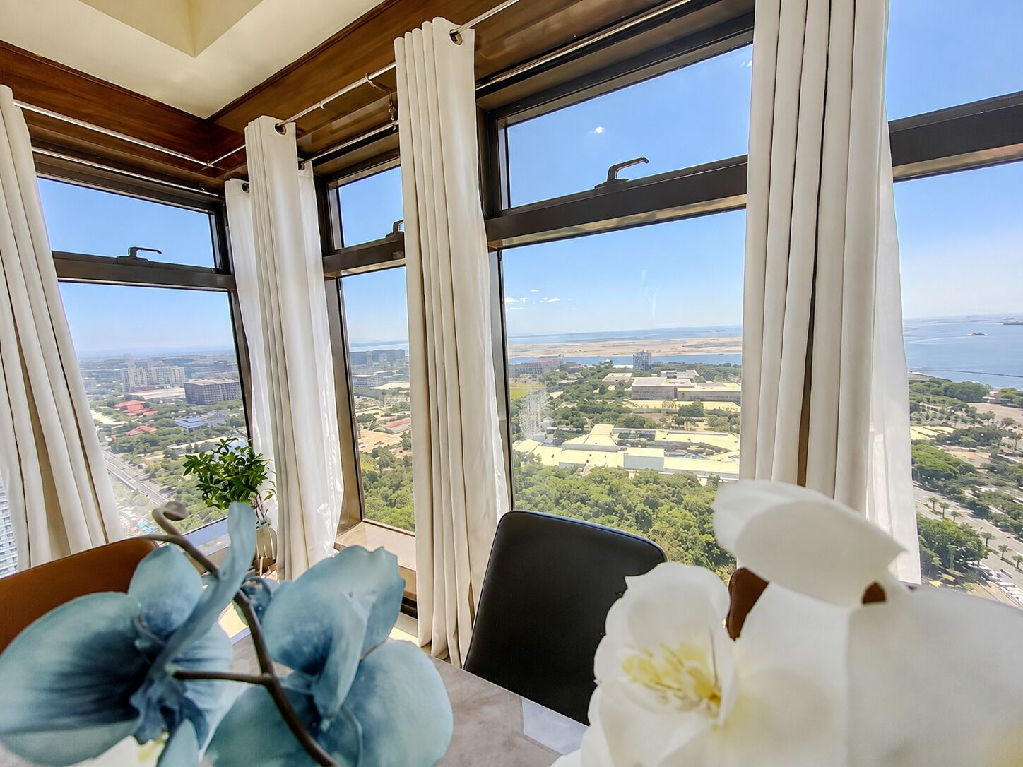 A room with large windows, a view of a cityscape, and a potted plant.