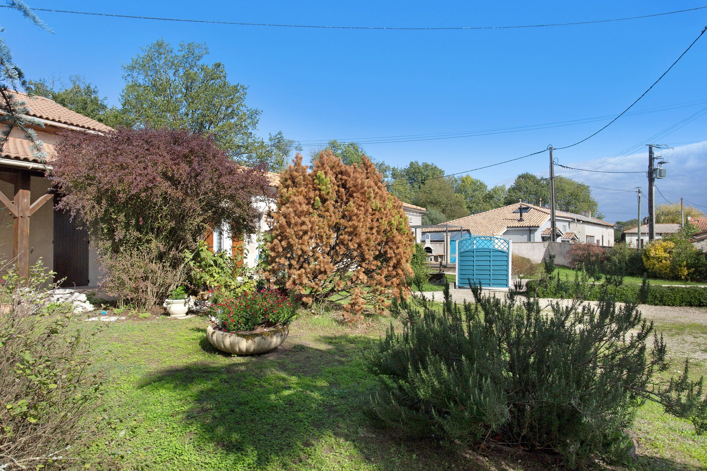 Un quartier résidentiel avec des maisons, un jardin où l’on trouve différentes espèces de plantes et un portail bleu.