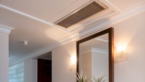 Un couloir avec une console en bois, un grand miroir et une plante en pot.