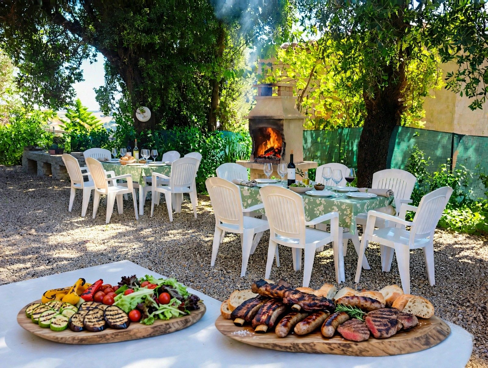 Un espacio exterior para comer con mesas, sillas, una parrilla y un brasero.