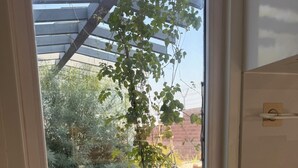 Vista a través de una ventana de una habitación con zona de cocina, que incluye un lavamanos y un grifo.
