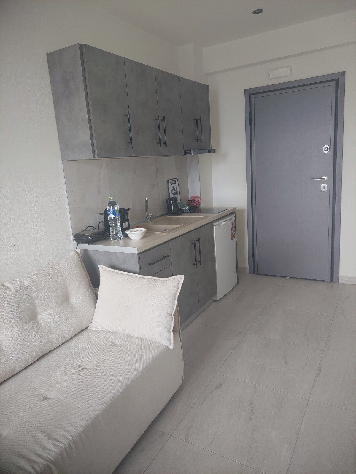 A compact living space with a kitchenette, a sofa, and a door.