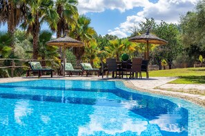 Piscina com espreguiçadeiras e guarda-sóis, rodeada por palmeiras e vegetação.