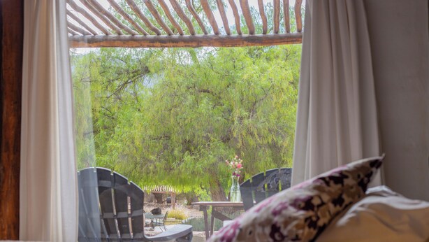 A room with a bed, a window with curtains, a view of greenery outside, and a small table with chairs. - Don Juan posada andina (Tilcara)