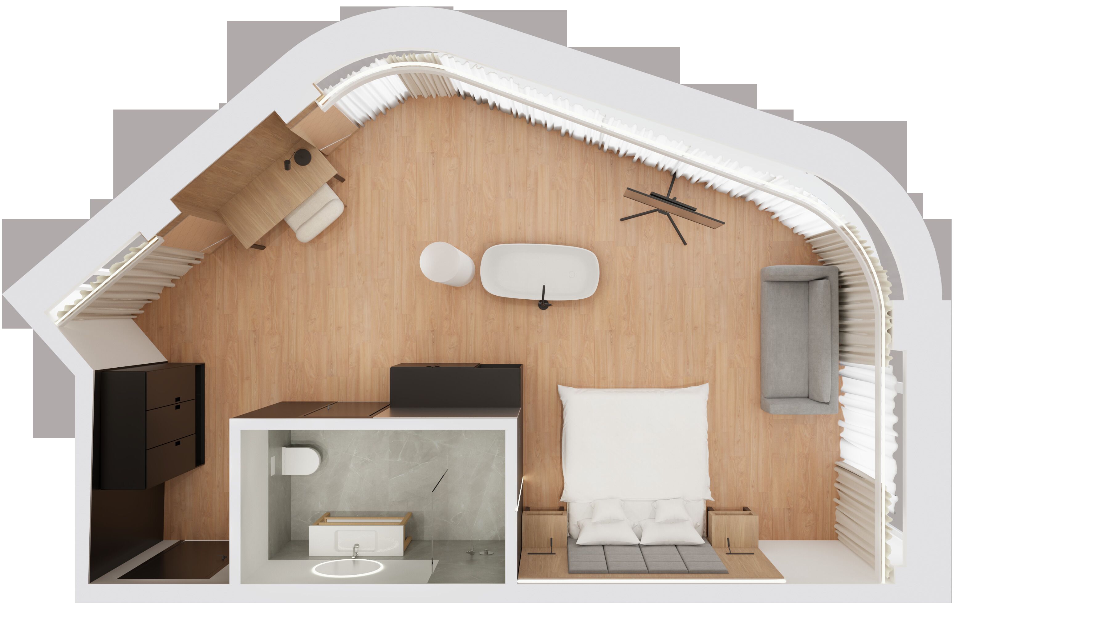 Une chambre à coucher moderne et compacte, comprenant un lit, une table de chevet et un petit espace bureau.