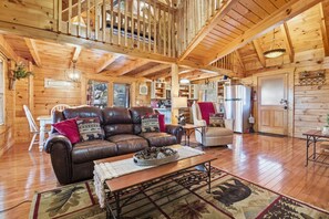 Signature Cabin, 3 Bedrooms, Balcony, Mountain View | Living room | 32-inch Smart TV with cable channels, fireplace, books - Timberwolf Cabin (Pigeon Forge)
