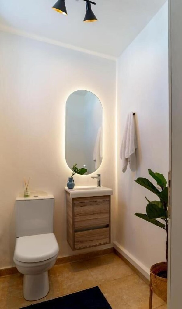 Une salle de bain avec des toilettes blanches, un meuble-lavabo en bois, un miroir et une plante.