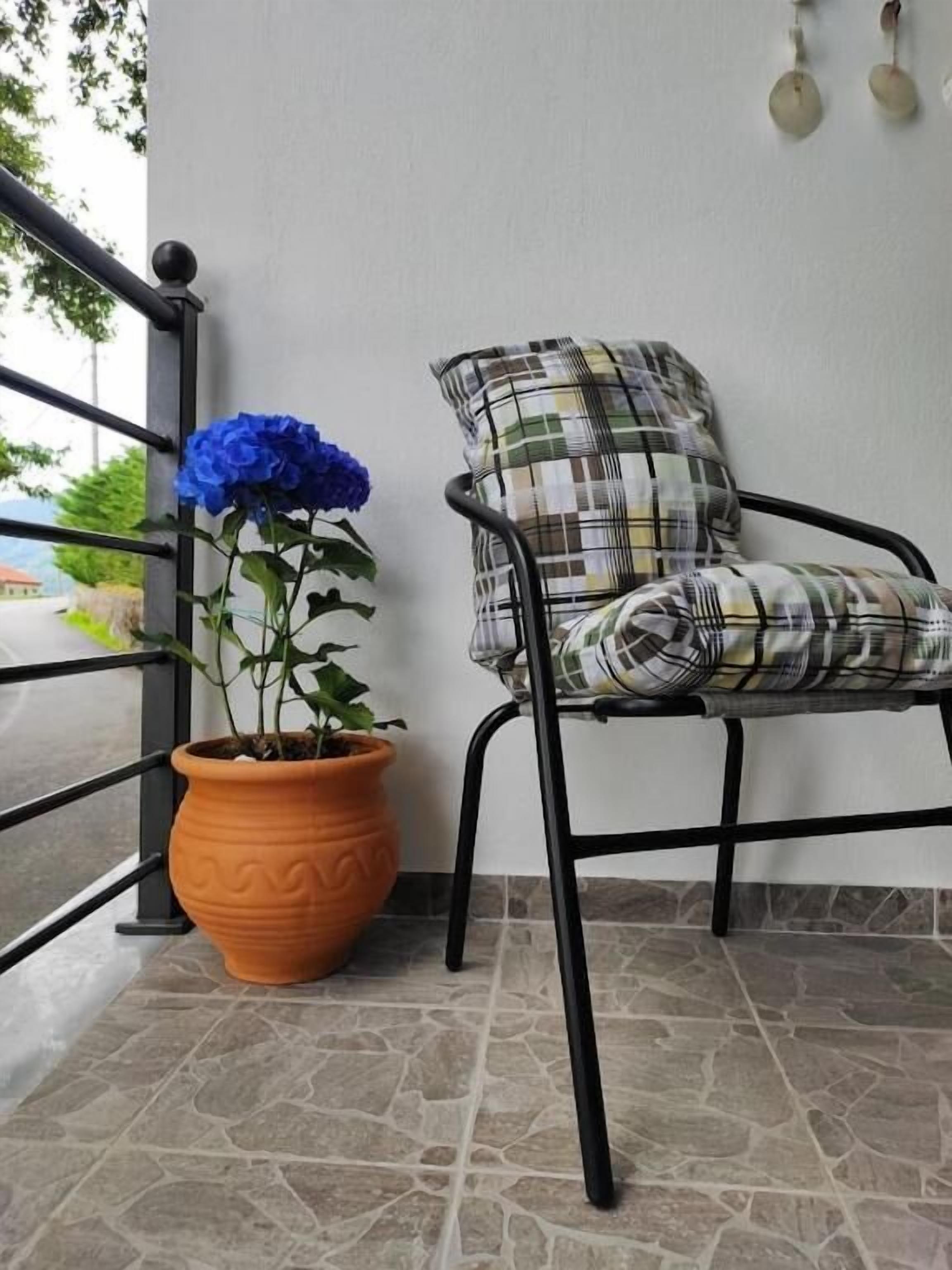 Una silla con cojín de cuadros, una planta en maceta con flores azules y una barandilla de metal.