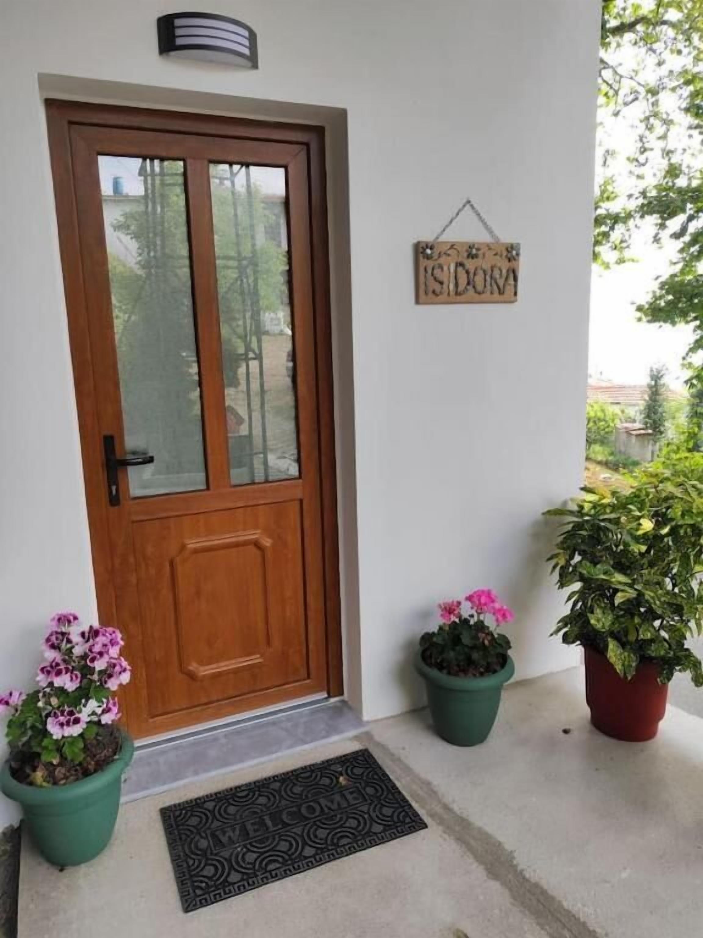 Una puerta de madera con un panel de vidrio, un felpudo y dos macetas con flores.